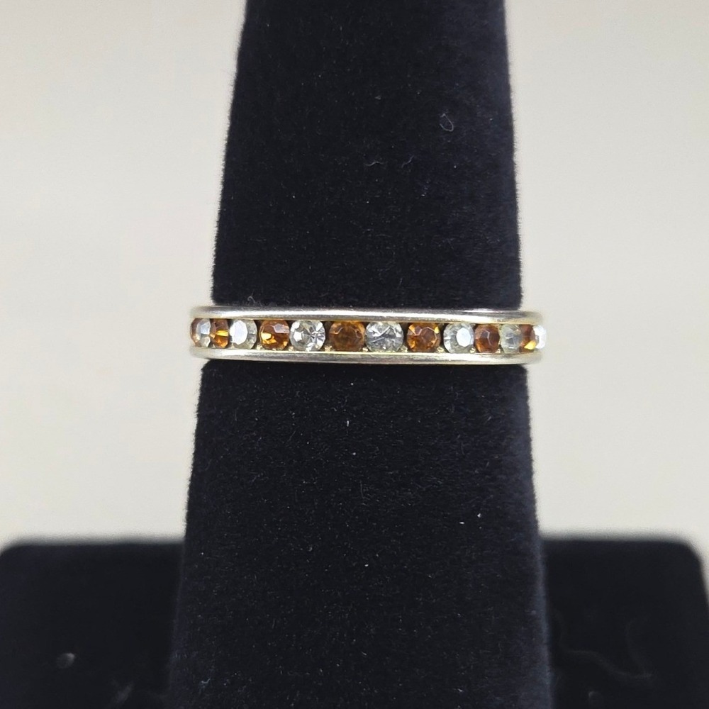Gold‎ Tone Amber and Clear Crystal Channel Set Eternity Band Ring Size 7.25